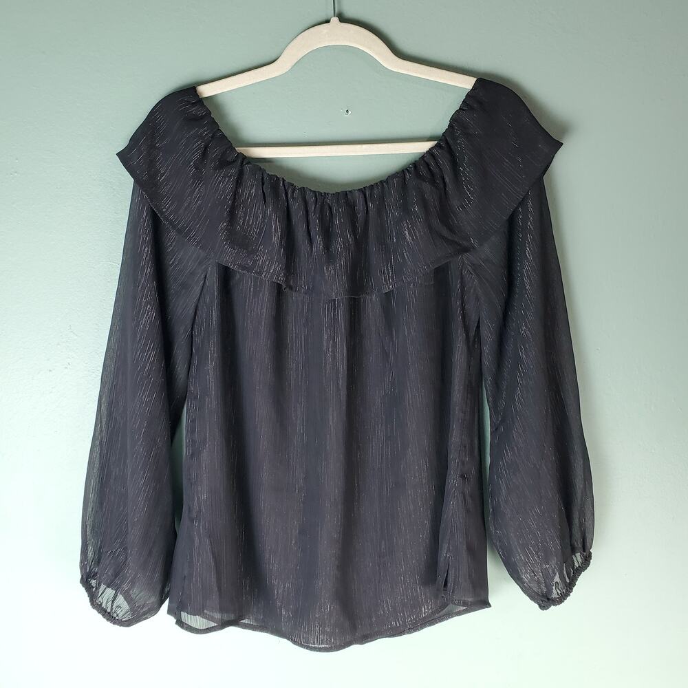 White House Black Market Womens Metallic Sheer Off The Shoulder Blouse Size M